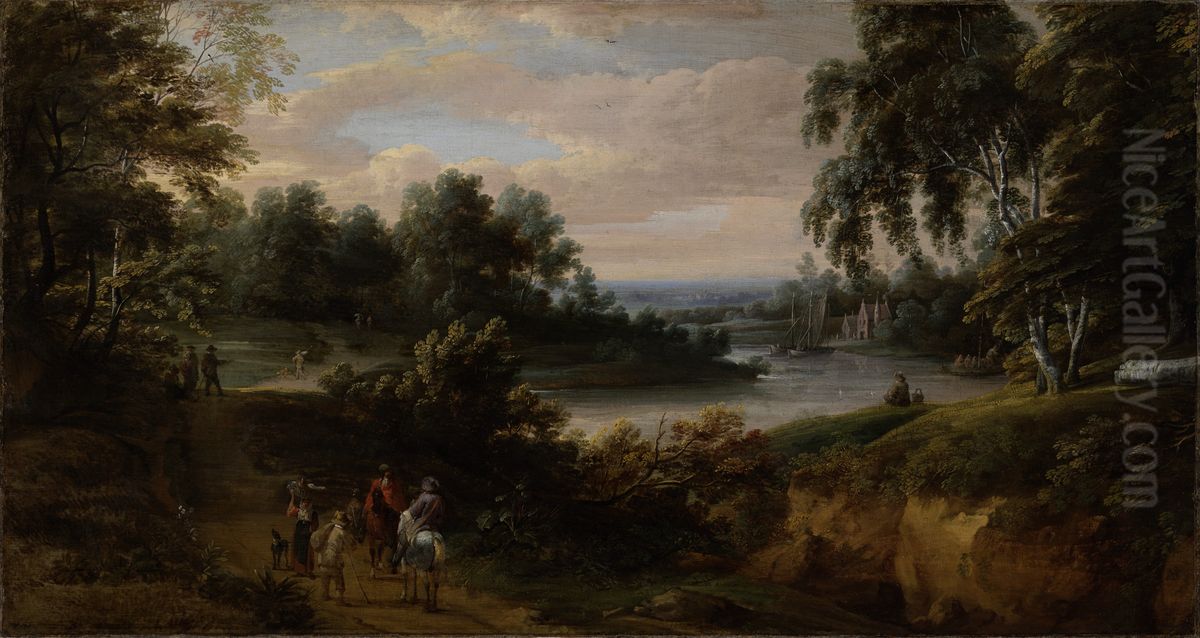 Landscape with a River and Horsemen Oil Painting by Jacques d'Arthois