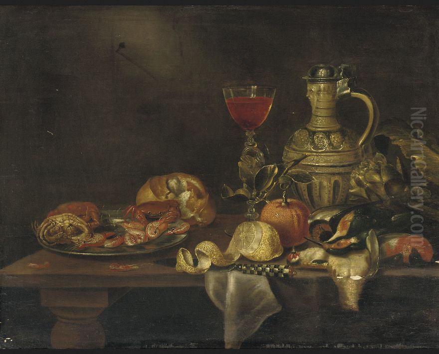 Silver plate with seafood, a roll of bread, a 'Facon-de-Venise of red wine', a 'keulse pot', an artichoke, dead birds, an orange, a partially pealed lemon and a knife Oil Painting by Alexander Adriaenssen
