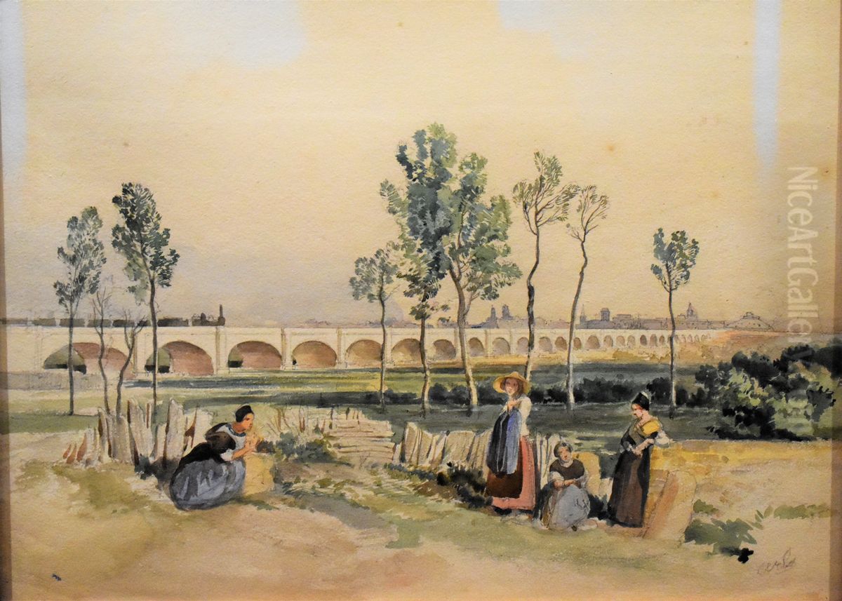 Arlesiennes devant l'aqueduc d'Arles Oil Painting by Jean-Joseph Bonaventure Laurens