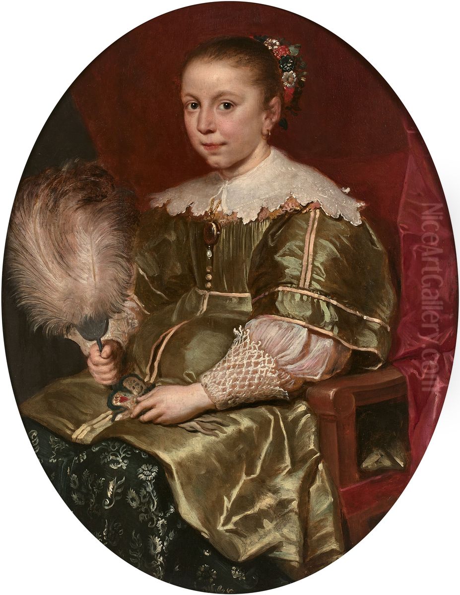 Portrait of a young girl with a fan Oil Painting by Cornelis De Vos