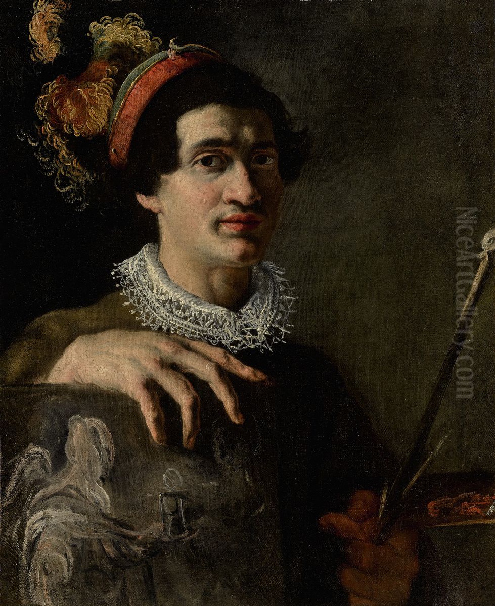 Self-portrait with a canvas and maulstick Oil Painting by Angelo Caroselli