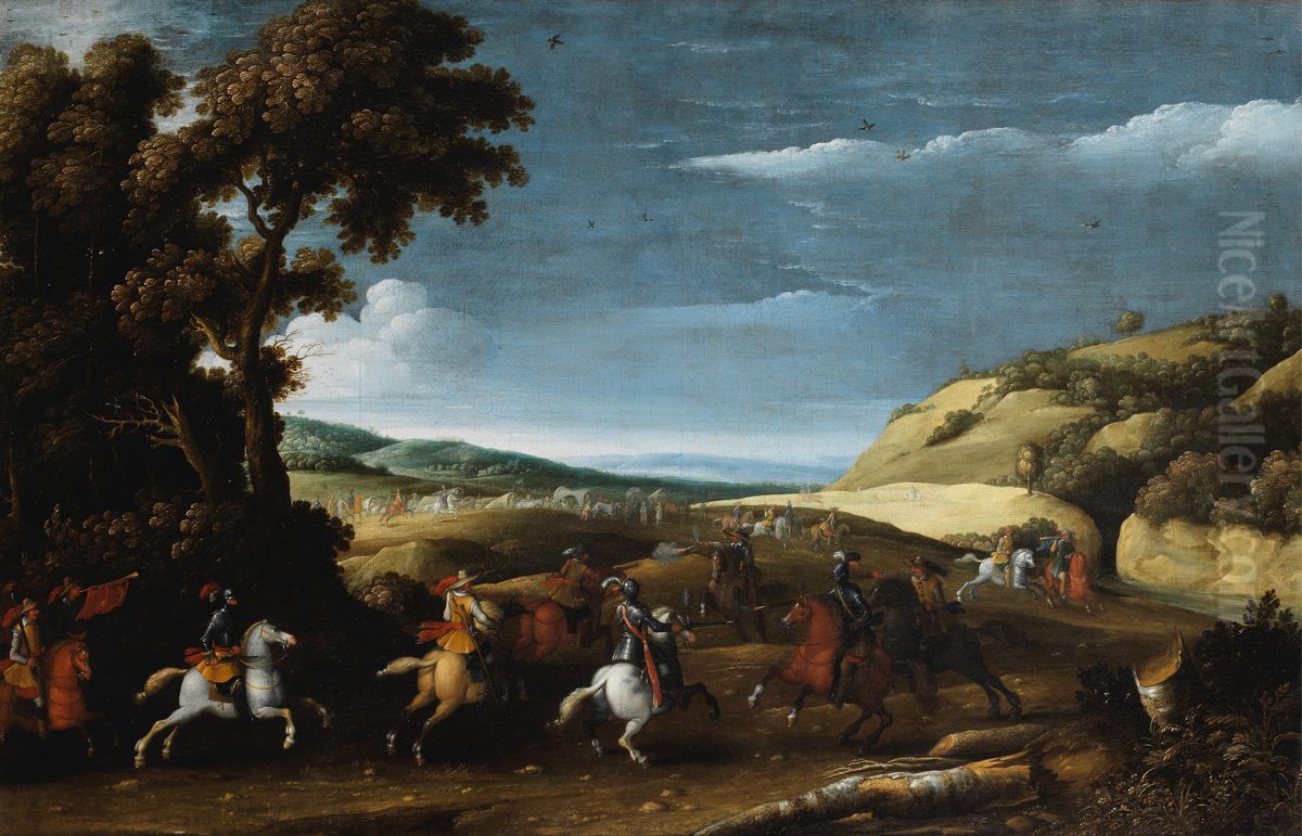 A cavalry skirmish Oil Painting by Gabriel Franck