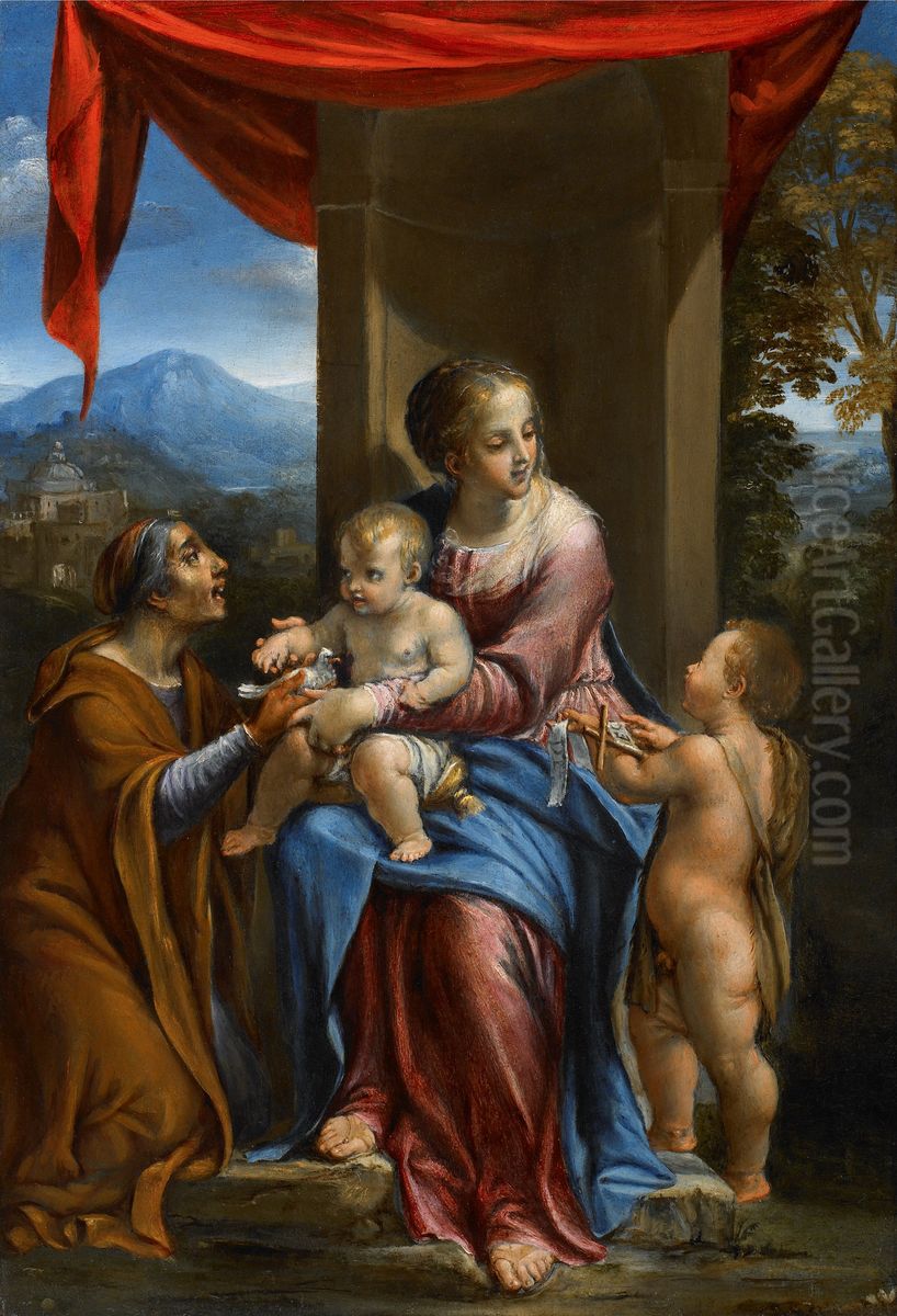 The Virgin and Child with Saints Elizabeth and the Infant John the Baptist Oil Painting by Angelo Caroselli
