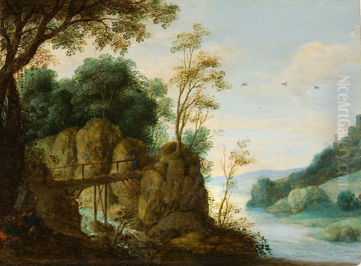Rocky river landscape with a wooden bridge and travelers Oil Painting by Pieter van der Borcht (III)