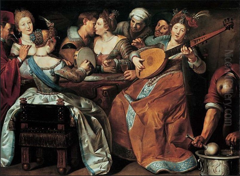 Musical company (Allegory of the five senses) Oil Painting by Louis Finson