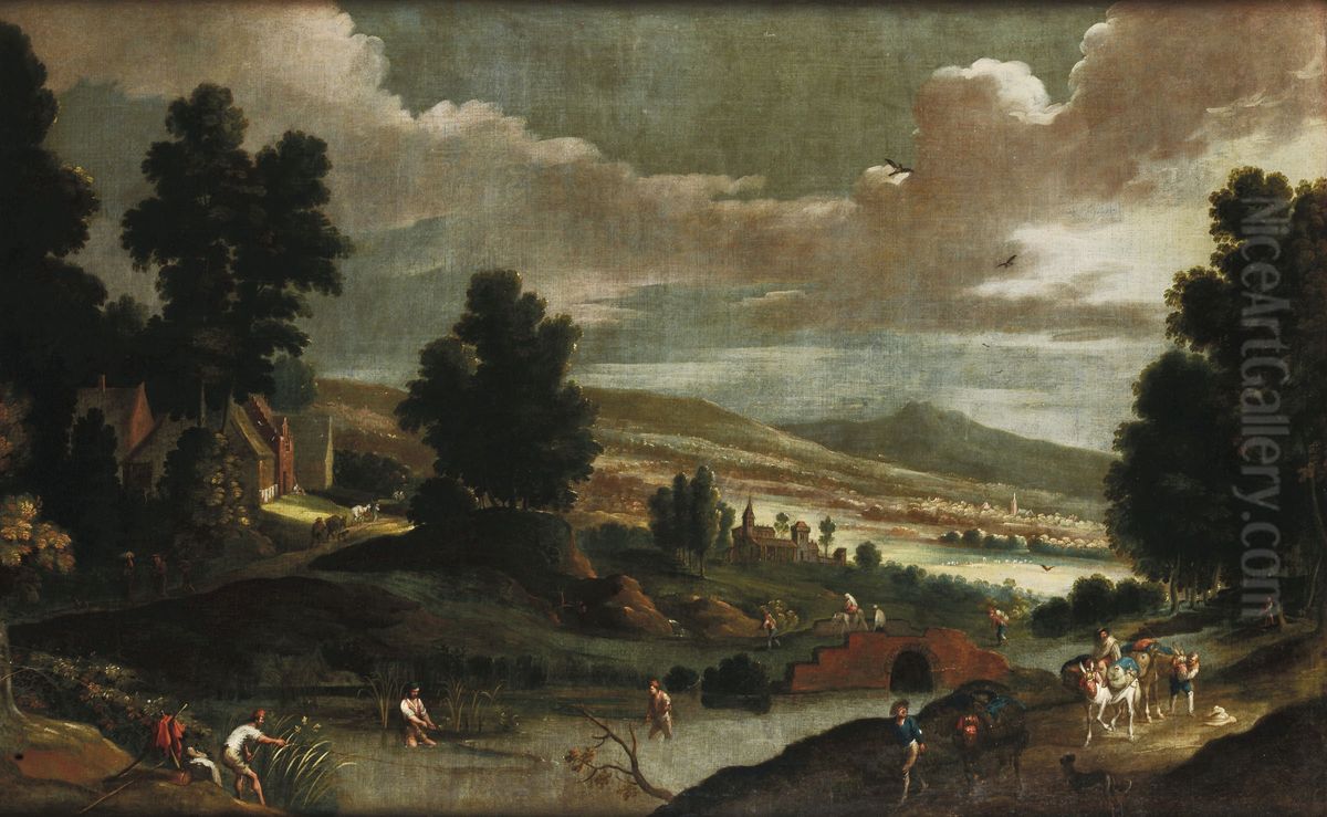 Landscape with wayfarers and fishermen Oil Painting by Cornelis de Wael