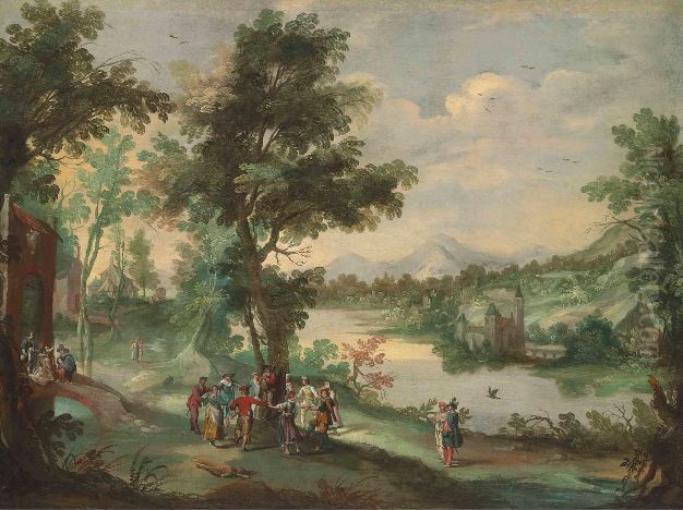 Extensive wooded landscape, with villagers dancing and making music beside a river Oil Painting by Lucas De Wael