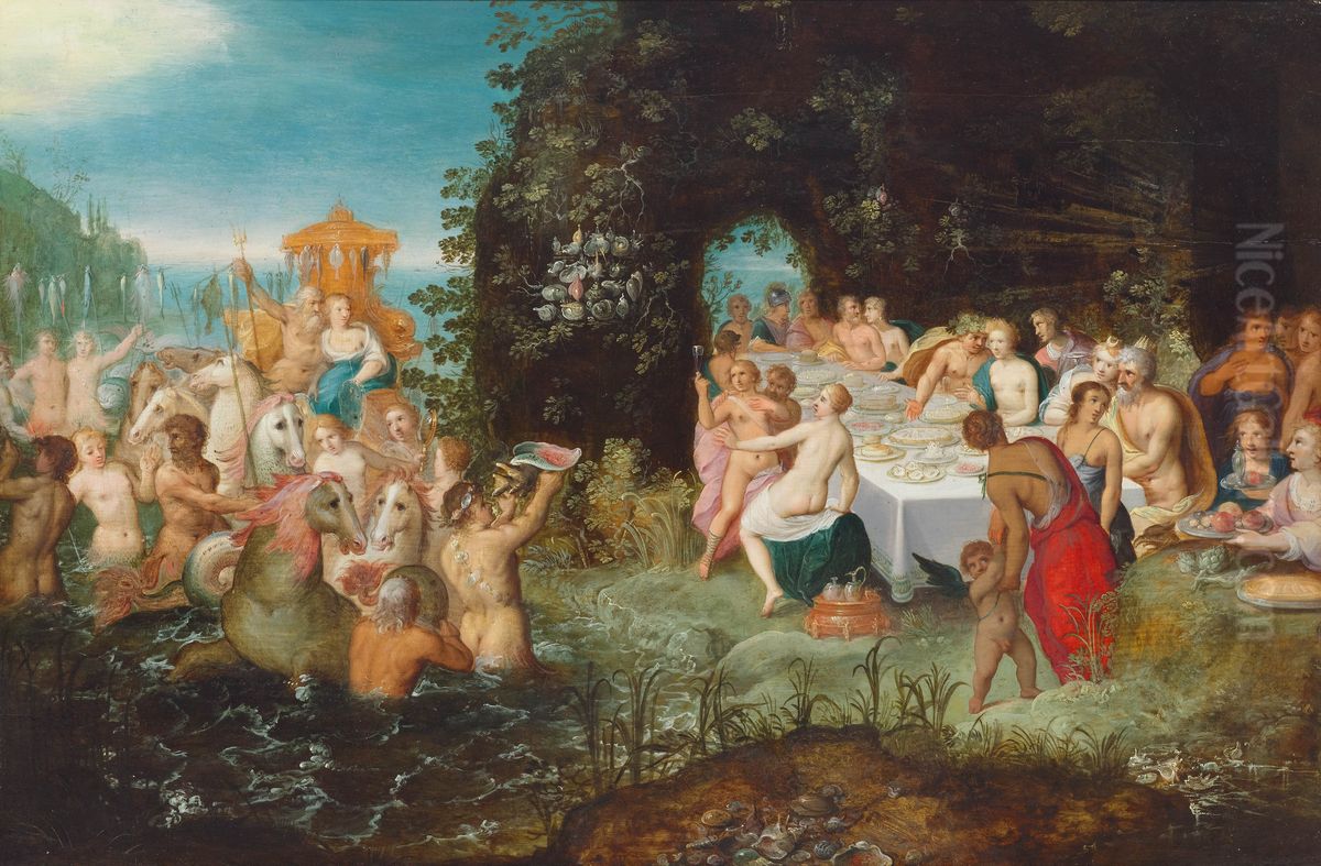 Neptune arrives at the banquet of the gods Oil Painting by Adriaen Van Stalbemt