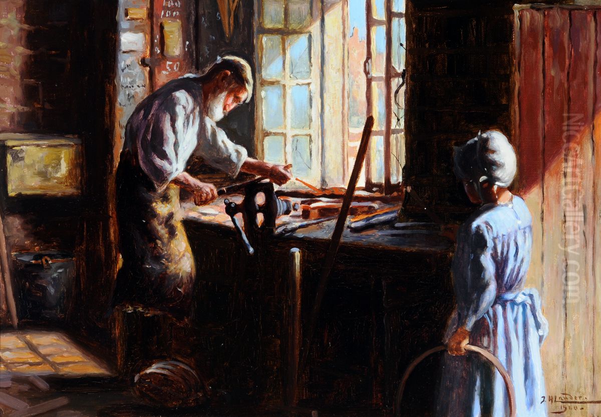 The Blacksmith (Interior of a Workshop with Figures) Oil Painting by John St Helier Lander
