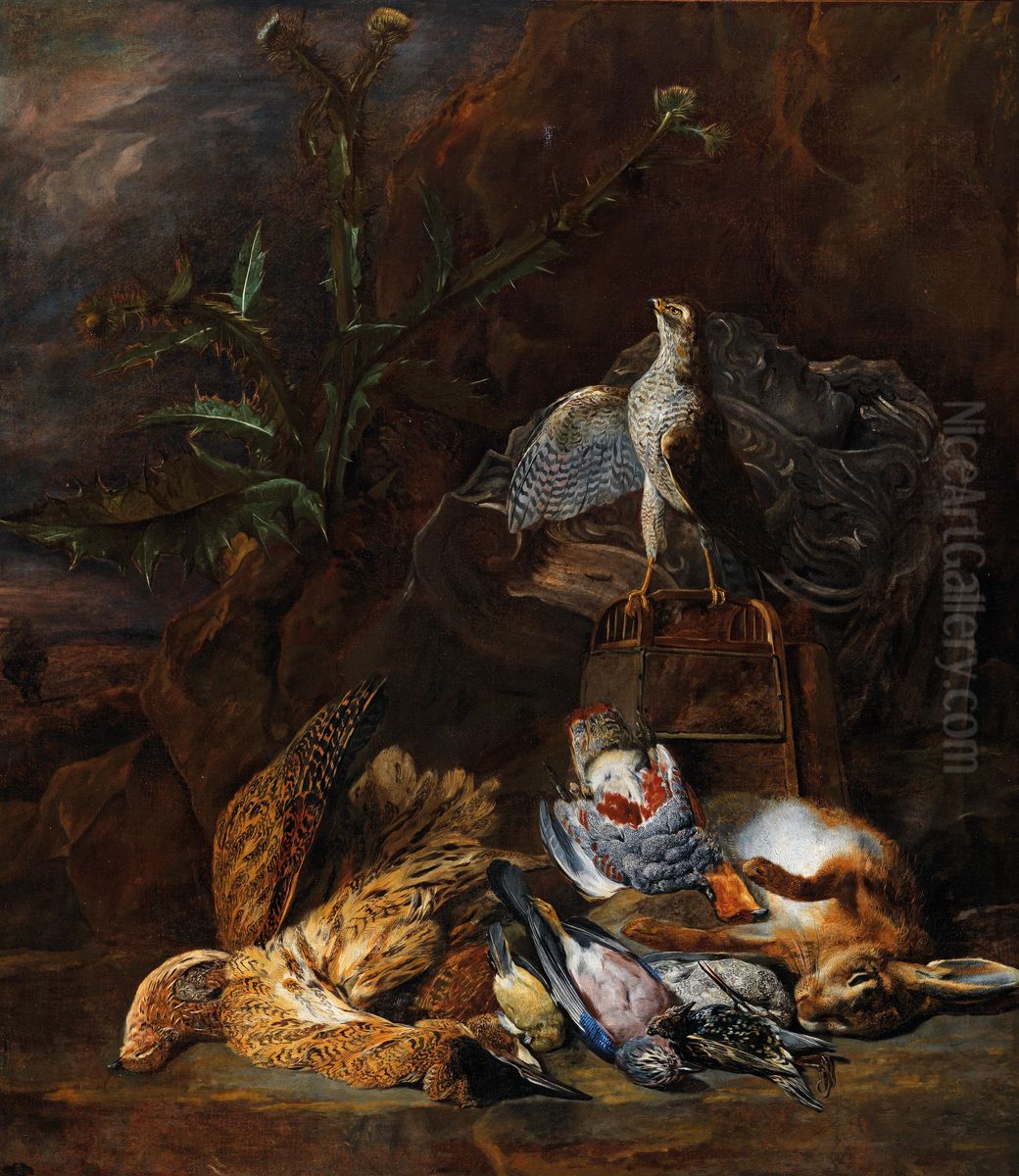 Hunting still life with wildfowl, a hare and a falcon Oil Painting by Pieter Boel