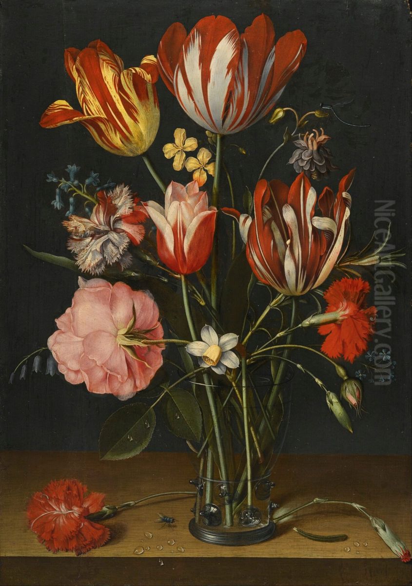 Still life of tulips, carnations, a rose and other flowers in a glass beaker resting on a wooded ledge Oil Painting by Jacob van Hulsdonck