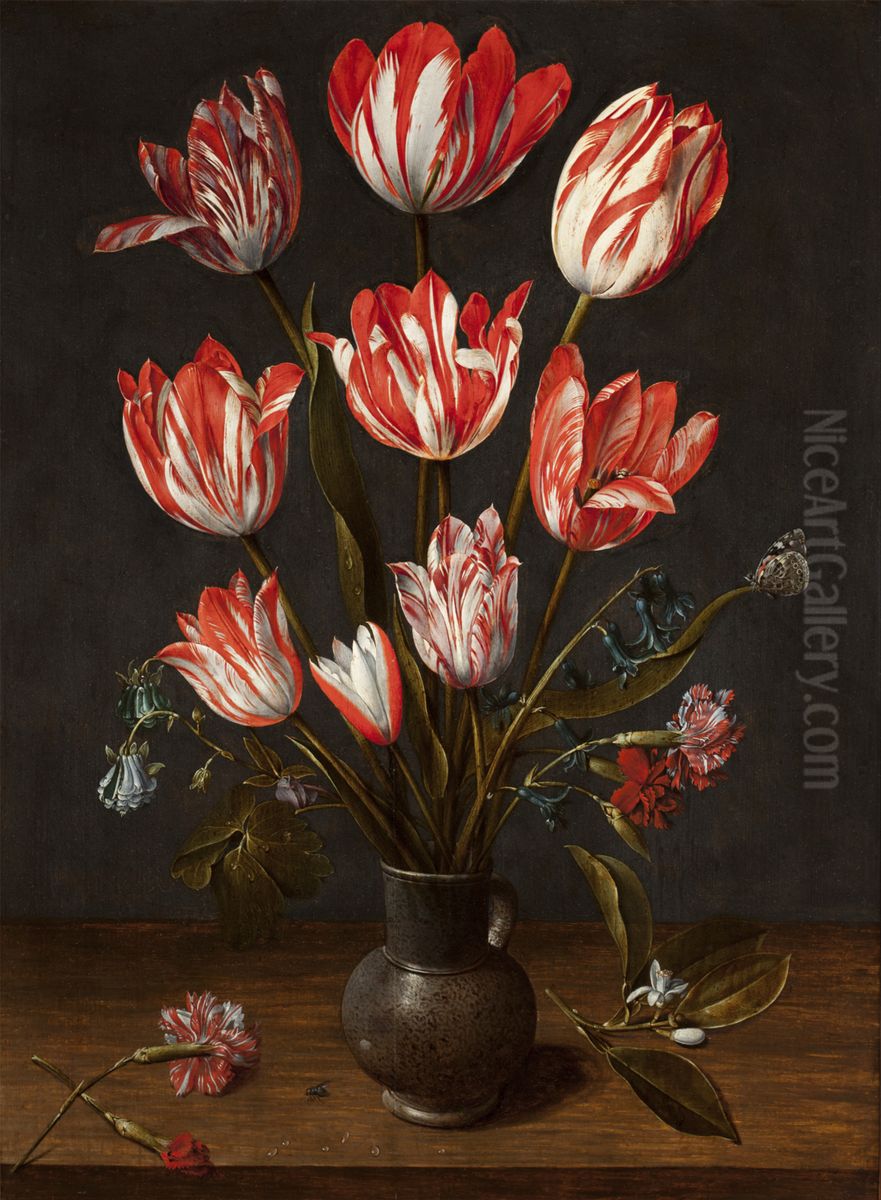 Tulips and carnations in an earthenware vase Oil Painting by Jacob van Hulsdonck