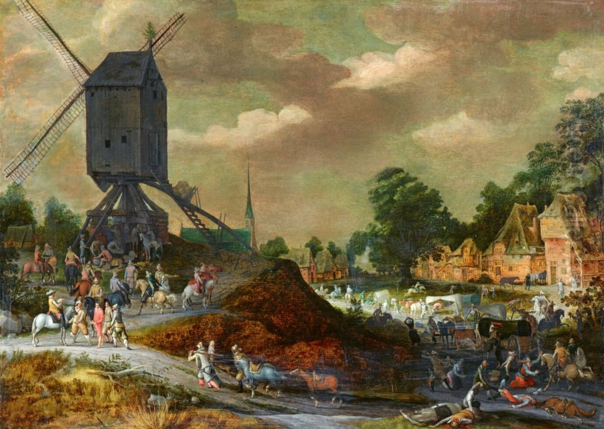 Post Mill on a Riverbank Oil Painting by Adriaen Van Stalbemt