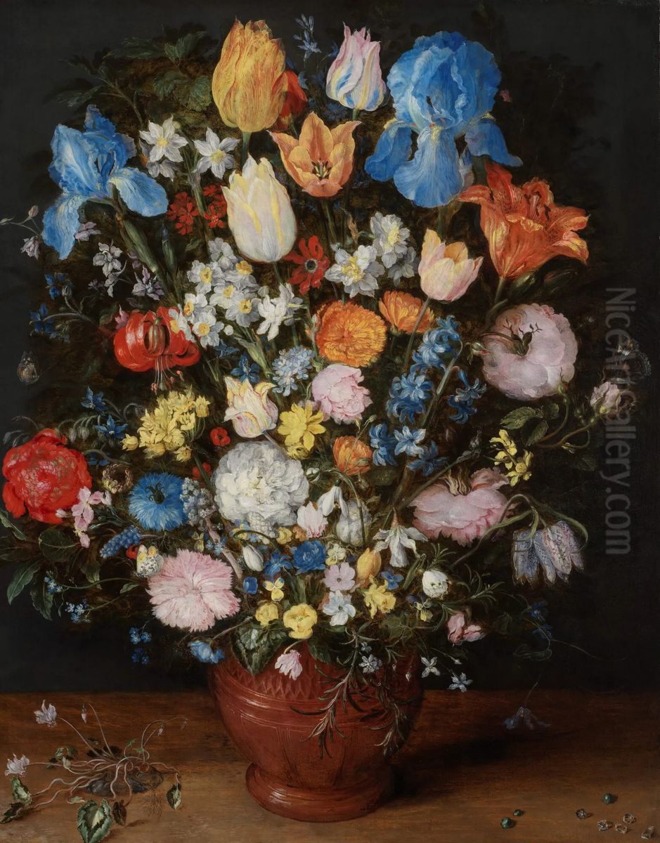 Flowers in a Vase with a Clump of Cyclamen and Precious Stones Oil Painting by Jan Brughel