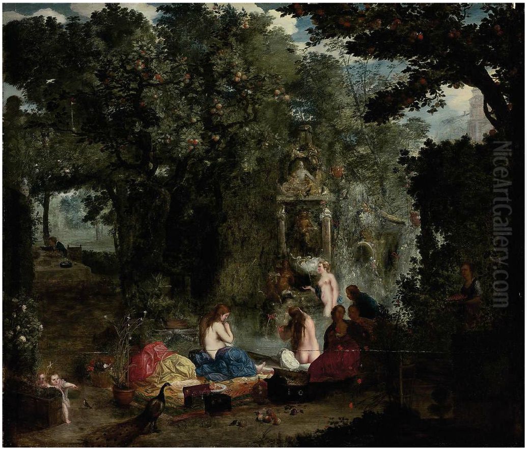 A classical landscape with nymphs bathing in a grotto Oil Painting by Adriaen Van Stalbemt