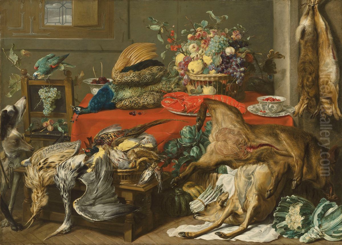 Larder with a draped table laden with game, a lobster, vegetables and fruit in a basket, and kraak porcelain, with a parrot and two hounds Oil Painting by Frans Snyders