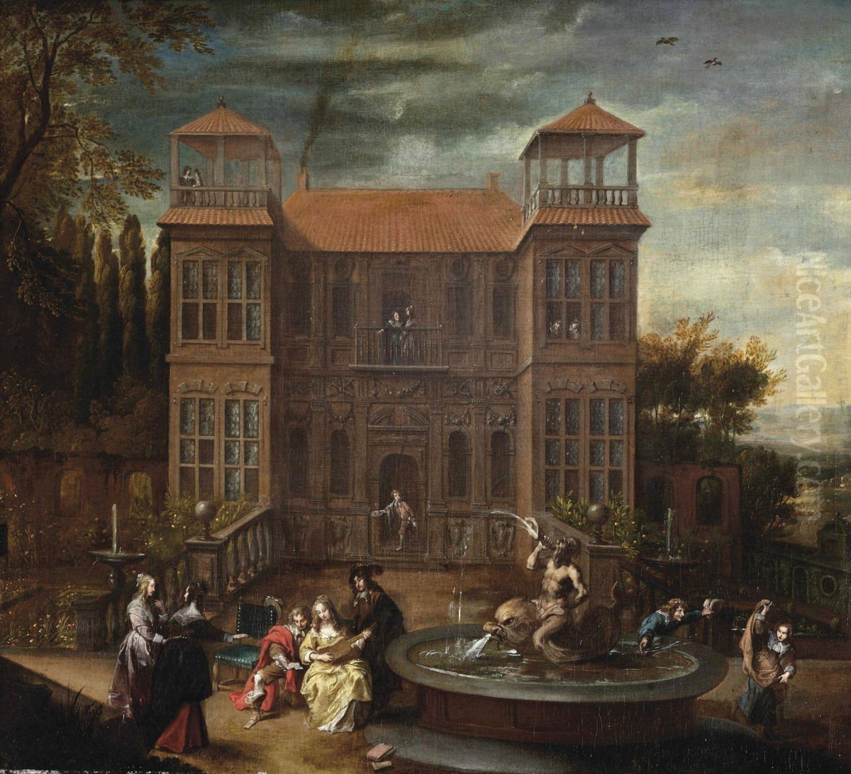 An elegant company making merry by a fountain in front of a house Oil Painting by Cornelis de Wael