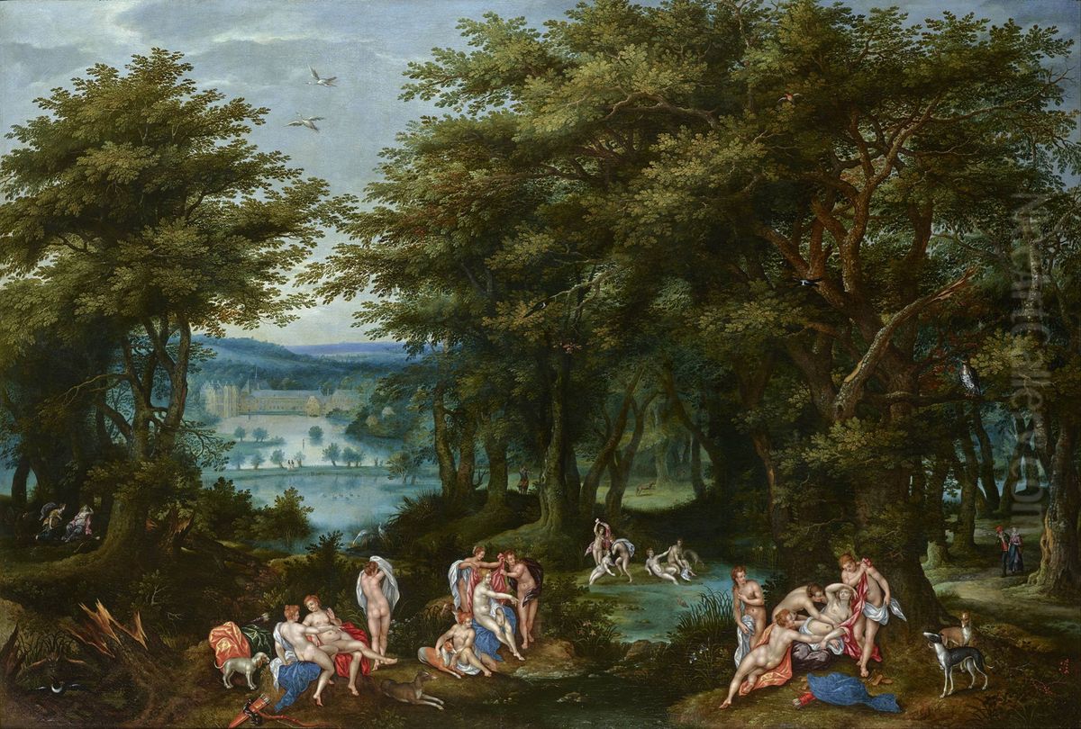 Forest Landscape with Diana discovering Callisto's Pregnancy, and a View of the Abbey of Groenendael Oil Painting by Denis van Alsloot