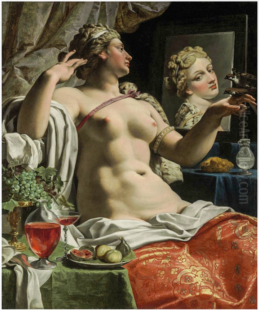 Lascivia, a woman looking in the mirror or an allegory of lust Oil Painting by Abraham Janssens I