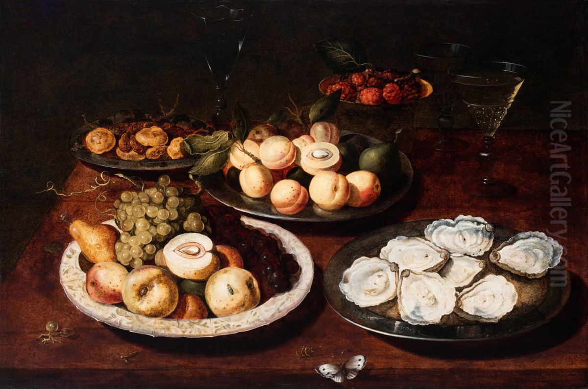 Still life with oysters, fruit and glasses on a table Oil Painting by Osias Beert