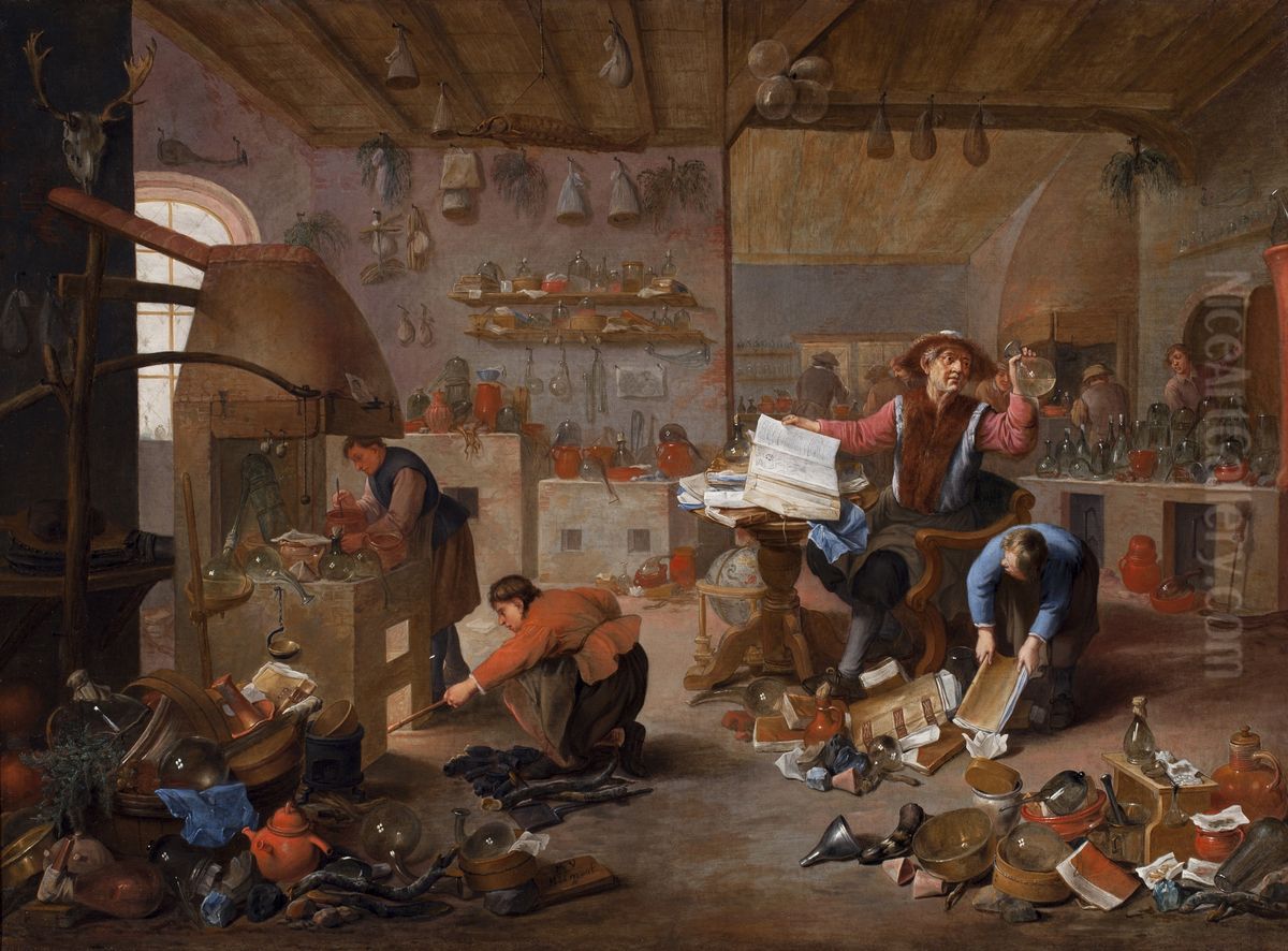 Alchemist met assistenten in een werkplaats Oil Painting by Mattheus van Helmont