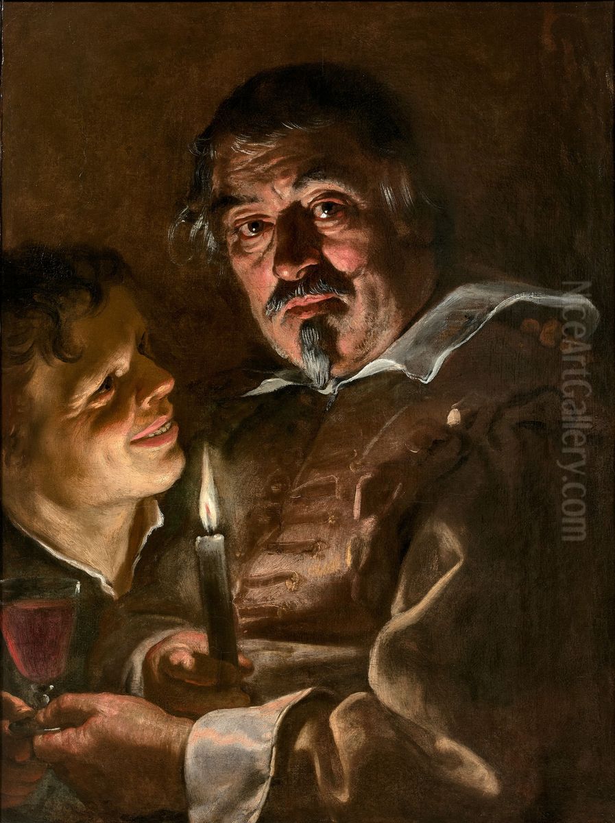 Man and boy by candlelight Oil Painting by Jan Cossiers