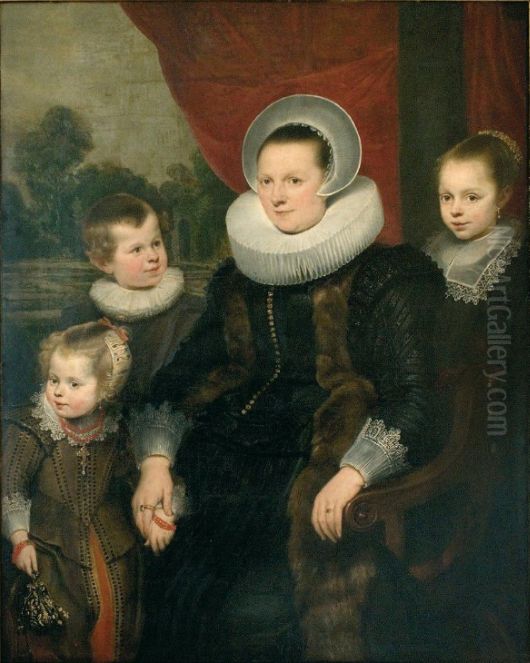 Portrait of a mother and her three children Oil Painting by Cornelis De Vos
