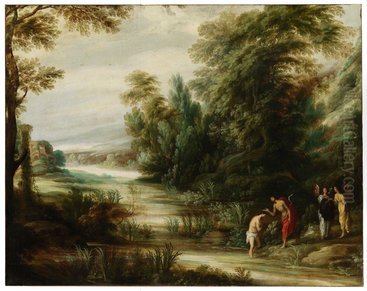 Riverscape with the Baptism of Christ Oil Painting by Jacques Fouquier
