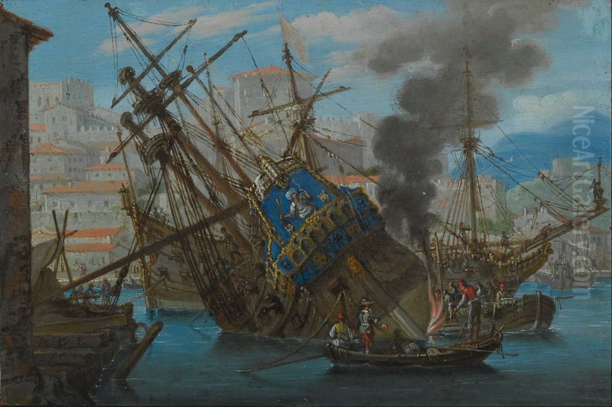 Mediterranean Harbour with a Man-of-War being Caulked Oil Painting by Abraham Casembroot