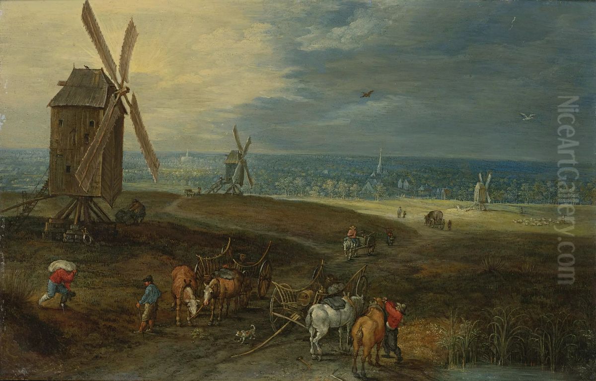 Extensive Landscape with Travellers Before a Windmill Oil Painting by Jan Brueghel the Younger