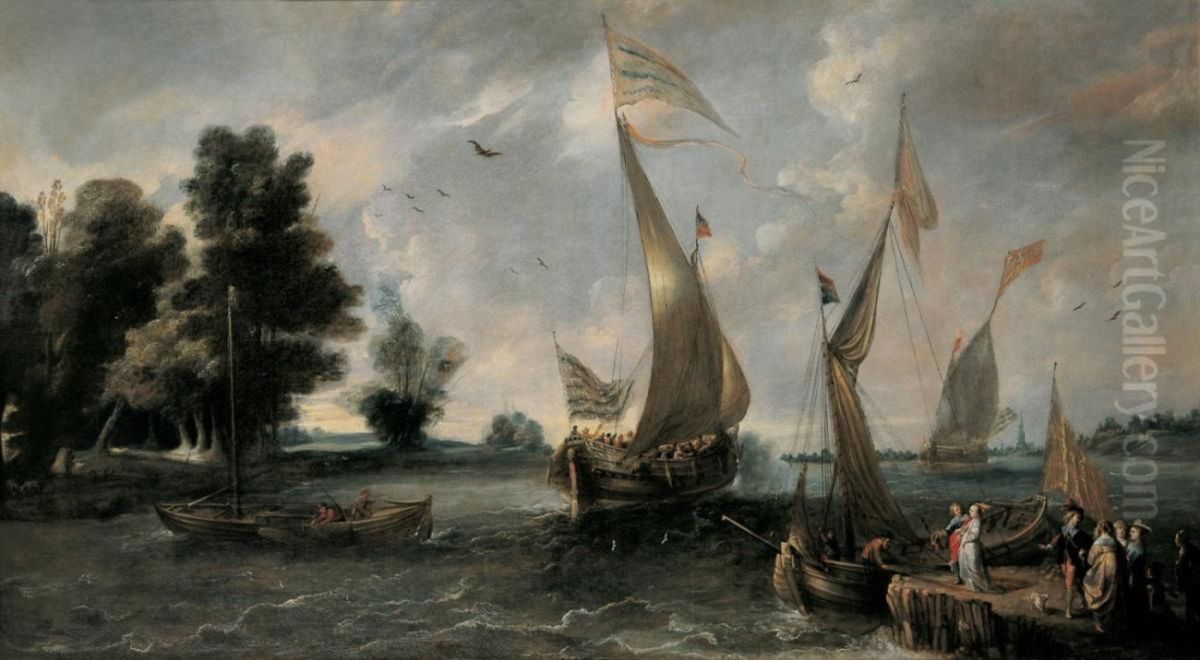 River view with boats, a pier and figures Oil Painting by Andries Van Eertvelt
