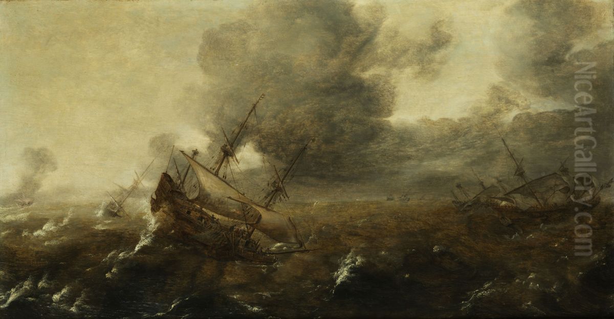Ships in stormy sea Oil Painting by Andries Van Eertvelt