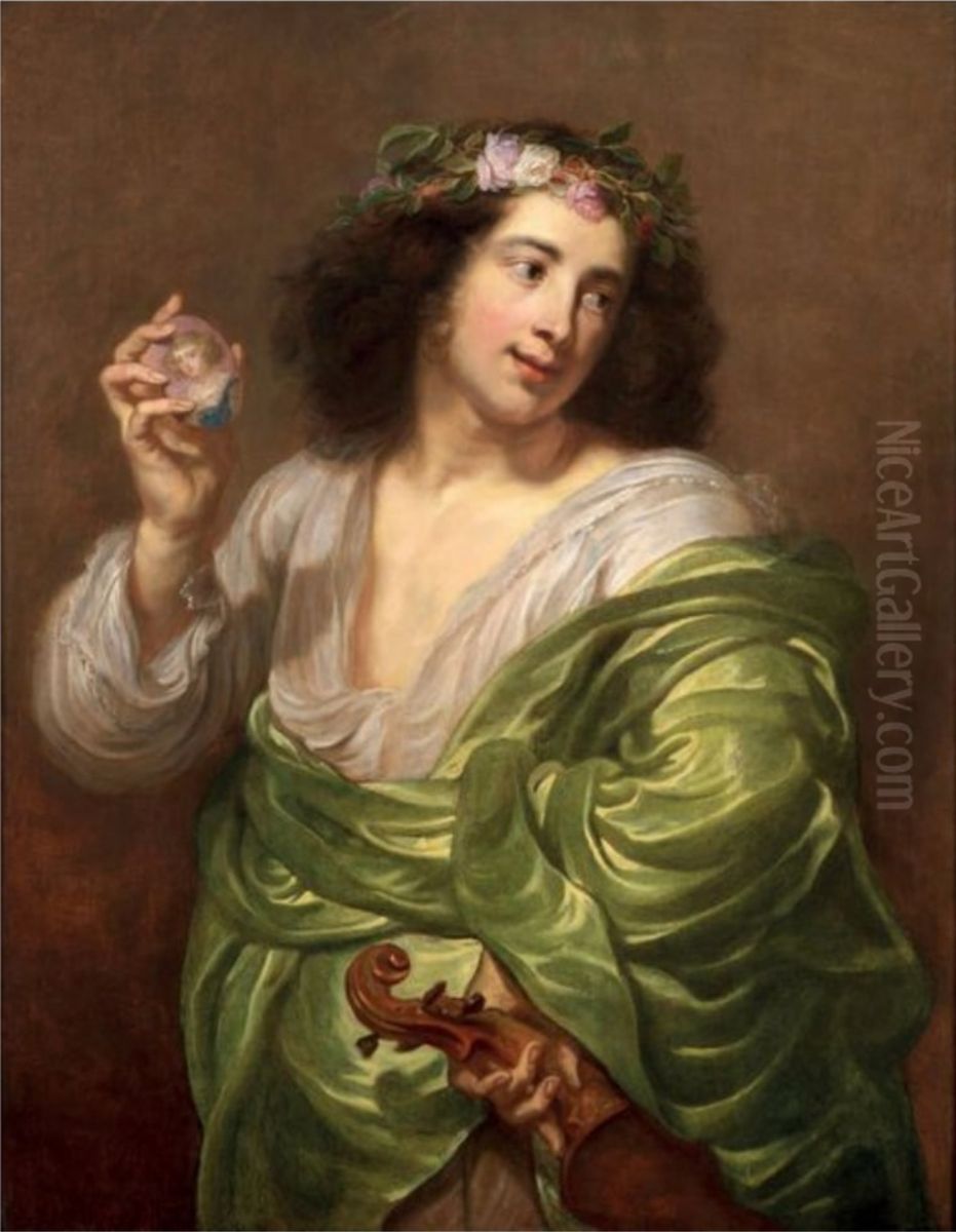 Portrait of a man holding a violin and a medallion with a miniature of a woman Oil Painting by Jan Cossiers