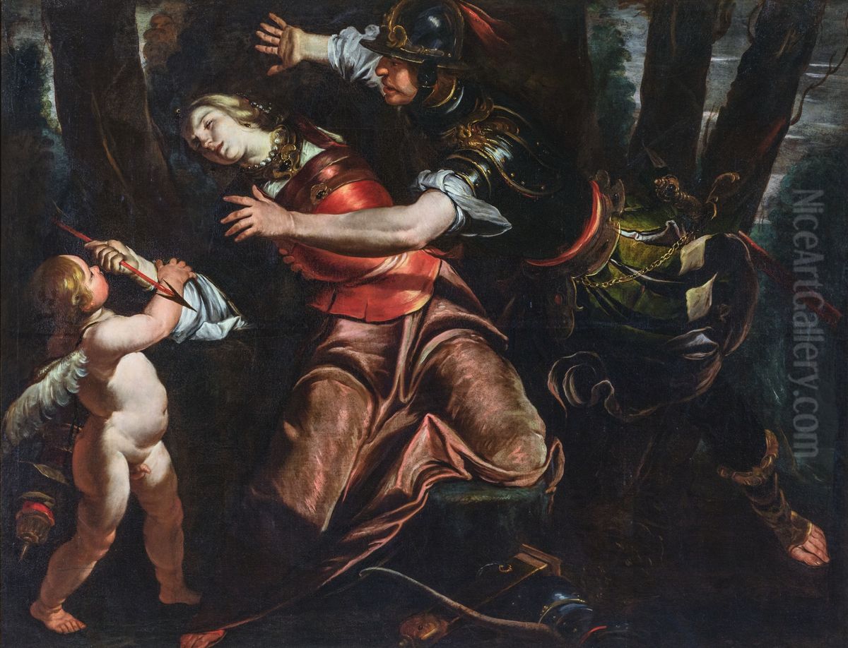 Rinaldo stopping Armida from taking her life Oil Painting by Gioacchino Assereto