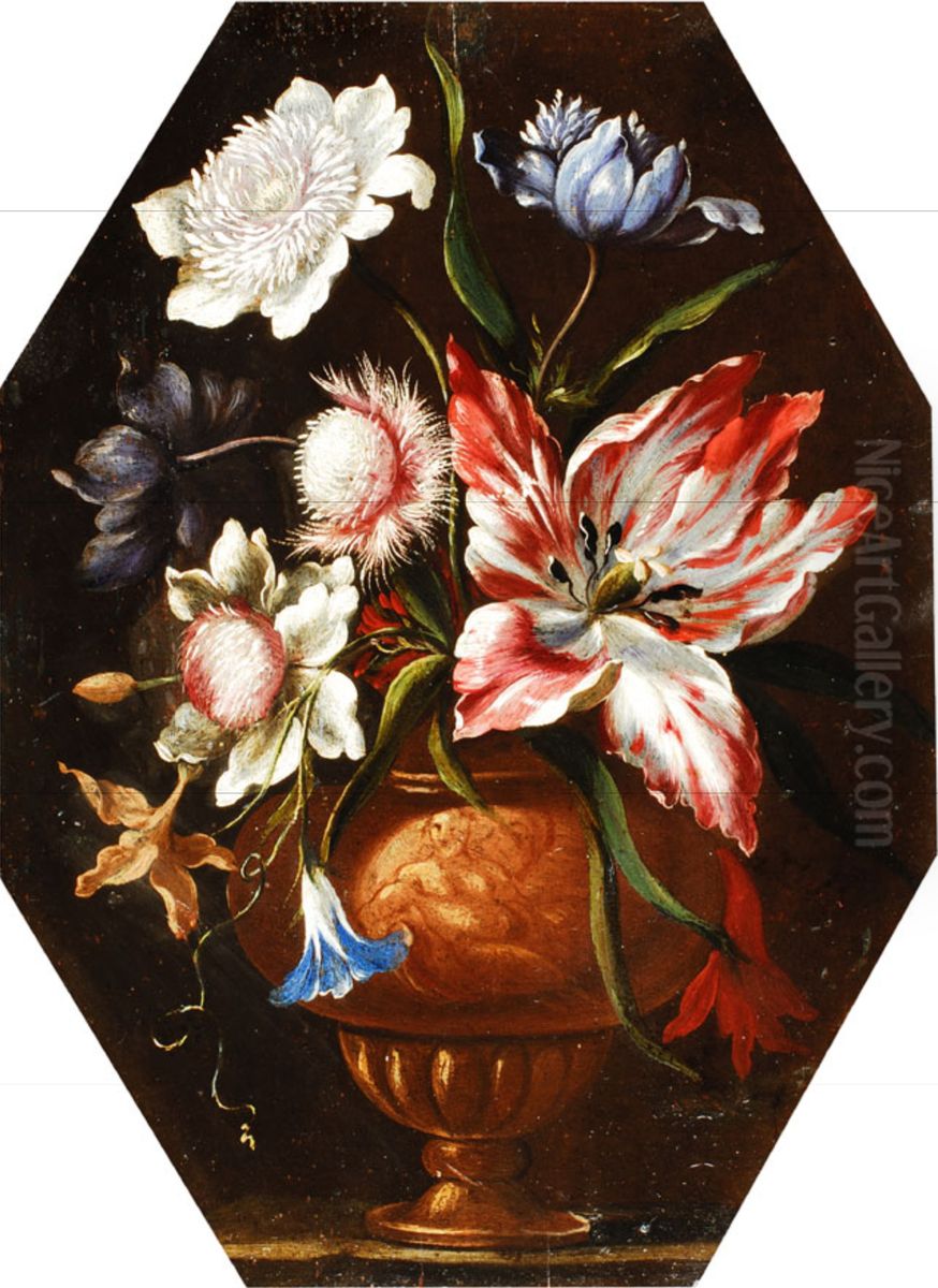 Still life of flowers in an urn on a ledge Oil Painting by Francesco Caldei