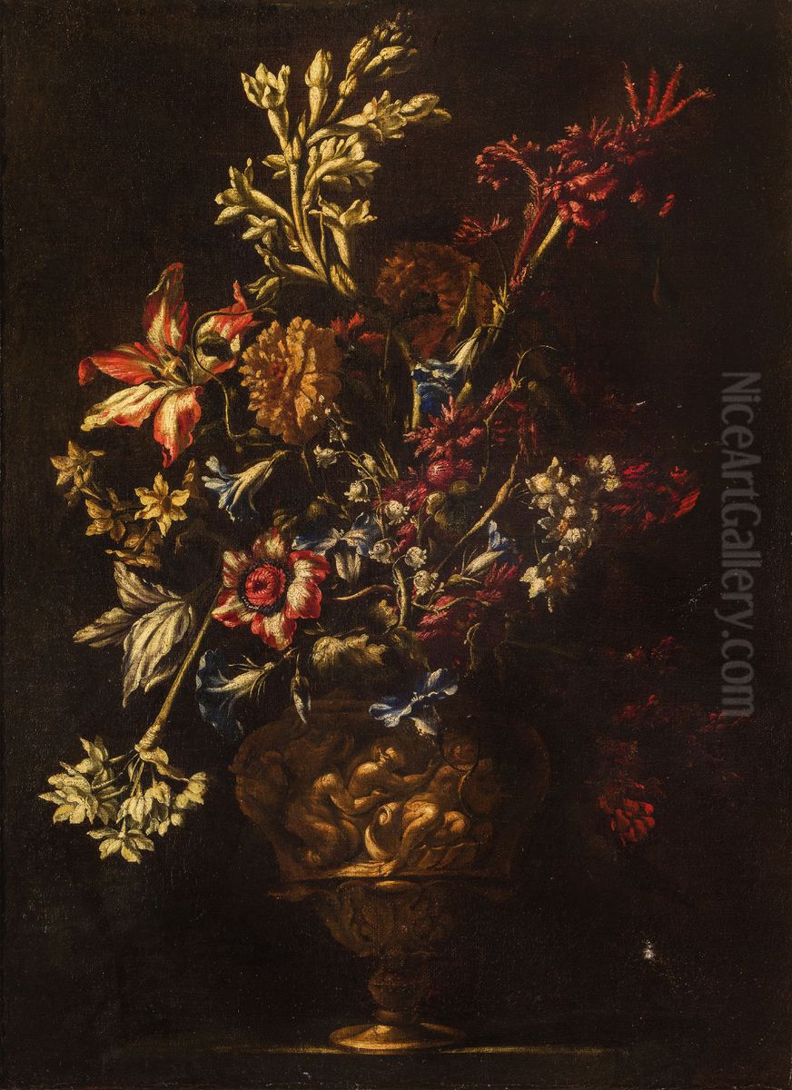 Flowers in a sculpted vase Oil Painting by Francesco Caldei