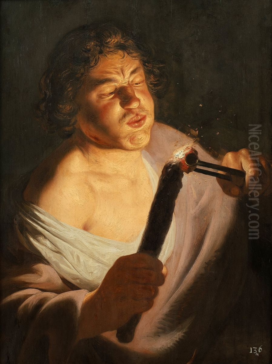 A youth lighting a torch. Oil Painting by Jan Lievens