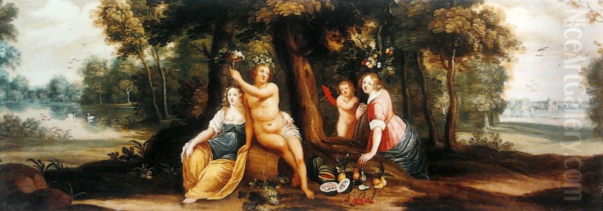 Flora, Bacchus and Ceres in the forest landscape. Oil Painting by Jasper van der Lanen