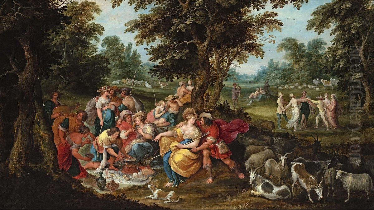 Arcadia - pastoral landscape with shepherds and shepherdesses picnicking' Oil Painting by Frans Francken the Younger