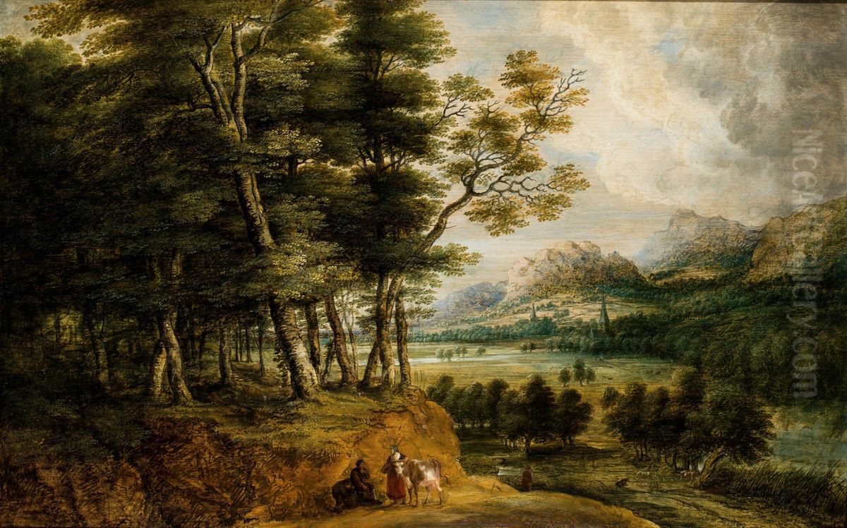 Extensive wooded landscape, drovers with their cattle in the foreground Oil Painting by Lucas Van Uden