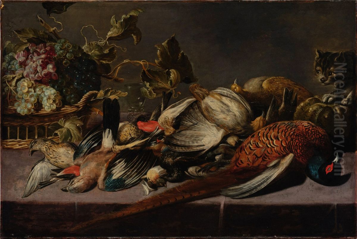Still life with a basket of grapes, fowl, and a cat on a table Oil Painting by Frans Snyders