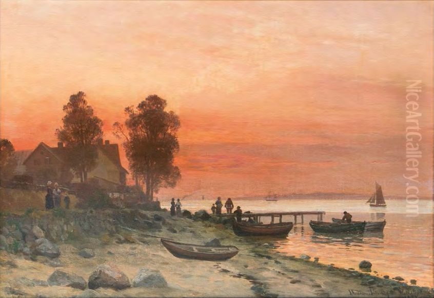 Evening on the beach at Helleaek. Oil Painting by Anders Andersen-Lundby