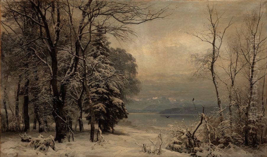 A winter morning at Starnberger See. Oil Painting by Anders Andersen-Lundby