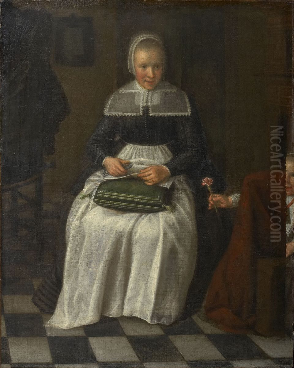 An orphan girl while sewing Oil Painting by Cornelis De Vos