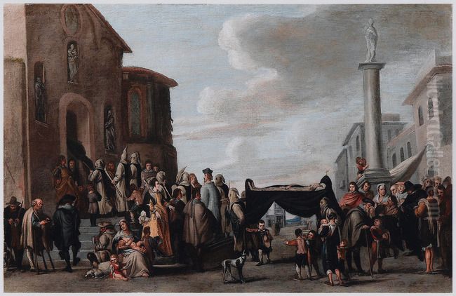 Italian town square with a funeral procession with friars Oil Painting by Cornelis de Wael