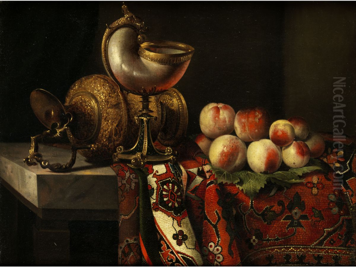 Still life with nautilus cup and peaches Oil Painting by Pieter Boel