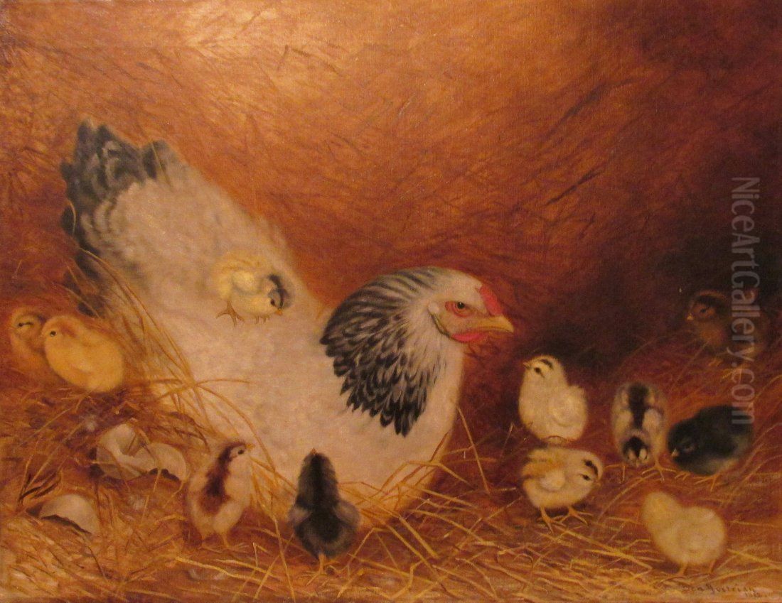 White Hen in Straw with 11 Chicks Oil Painting by Ben Austrian