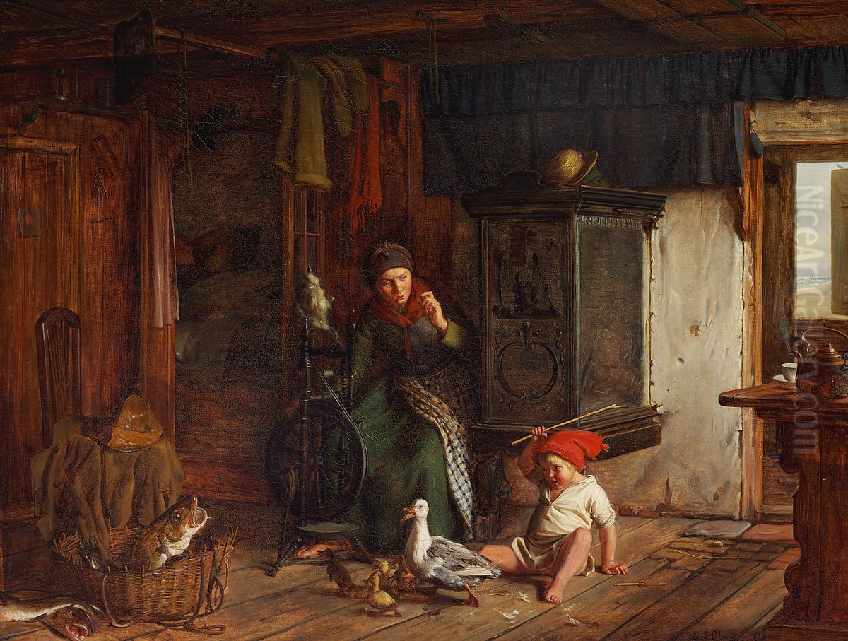 Scene i en Fiskerstue. En Dreng der slaar ud efter en And. Fa'er skal sove. Oil Painting by Carl Heinrich Bloch