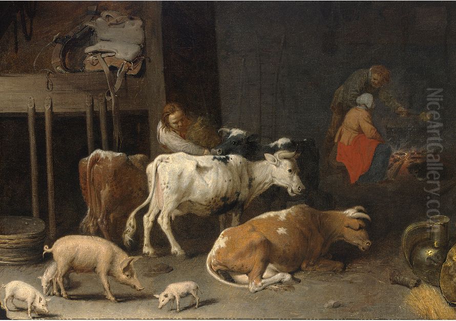 Barn interior with a peasant feeding cows and pigs, with three peasants near a fire place to the background Oil Painting by David Ryckaert III