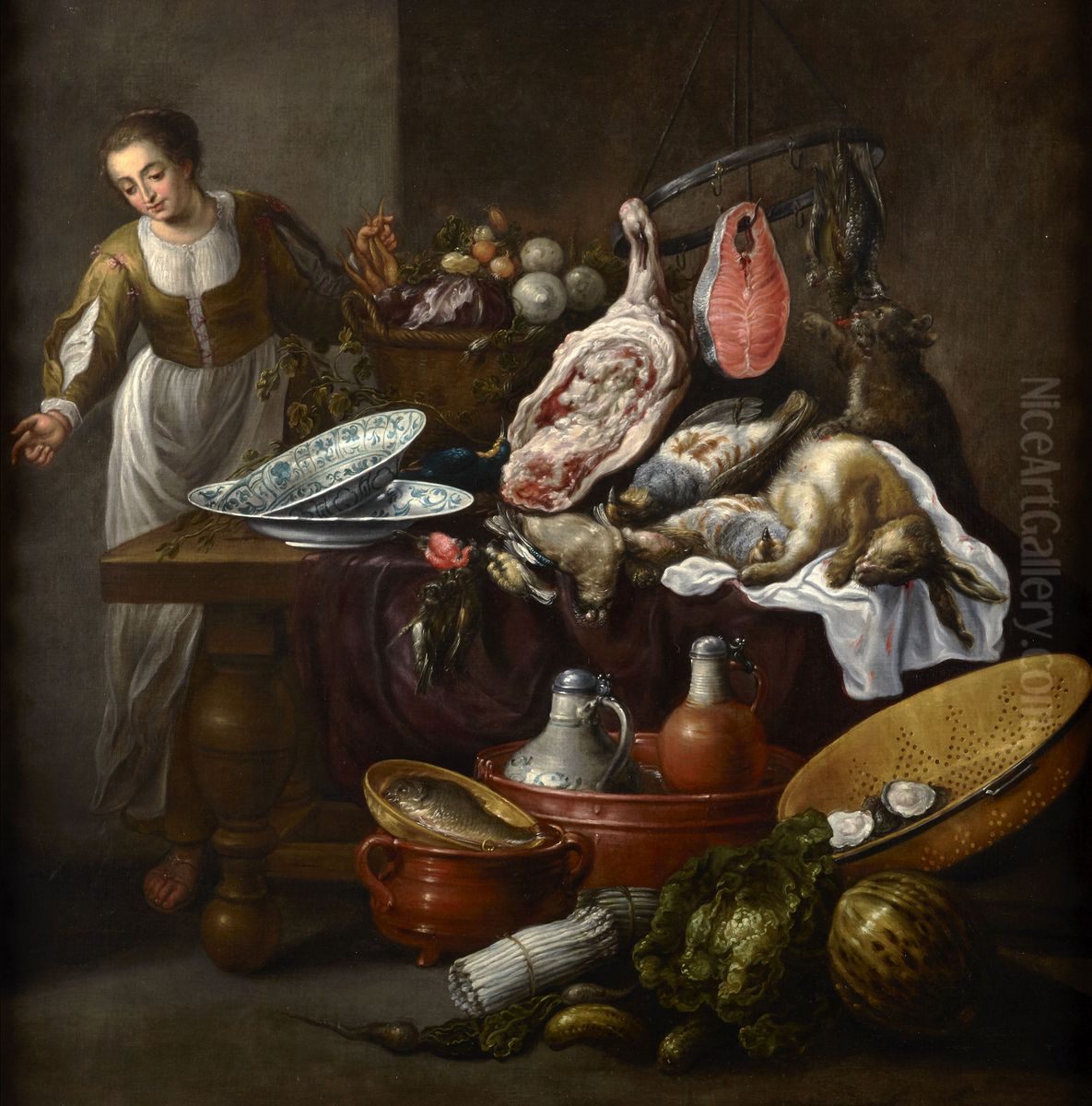 Large kitchen still life with a young woman Oil Painting by Adriaen van Utrecht
